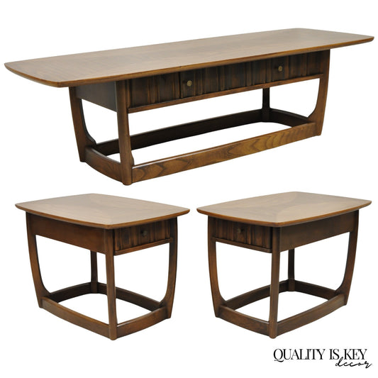 Vintage Mid Century Modern Sculpted Walnut & Laminate Coffee End Table Set 3 Pc