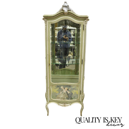 Antique French Louis XV Style Green Distress Painted Curved Glass Curio Cabinet