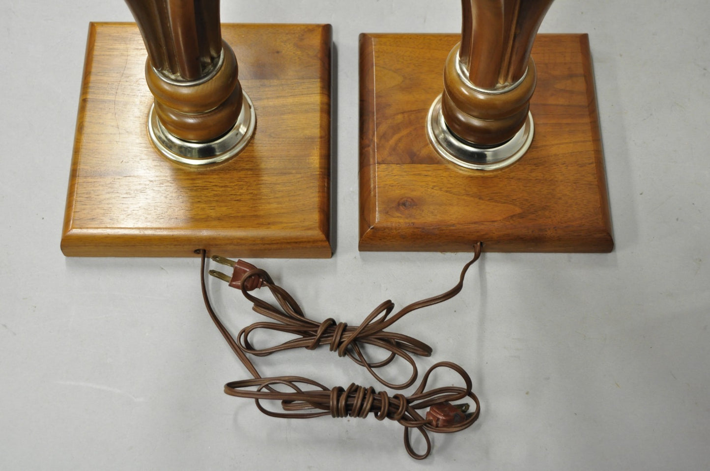 Vintage Mid Century Modern Sculptural Walnut Wood & Brass Table Lamps - a Pair