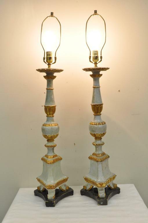 Antique Italian Neoclassical Hand-Carved Giltwood Candlestick Table Lamps - Pair