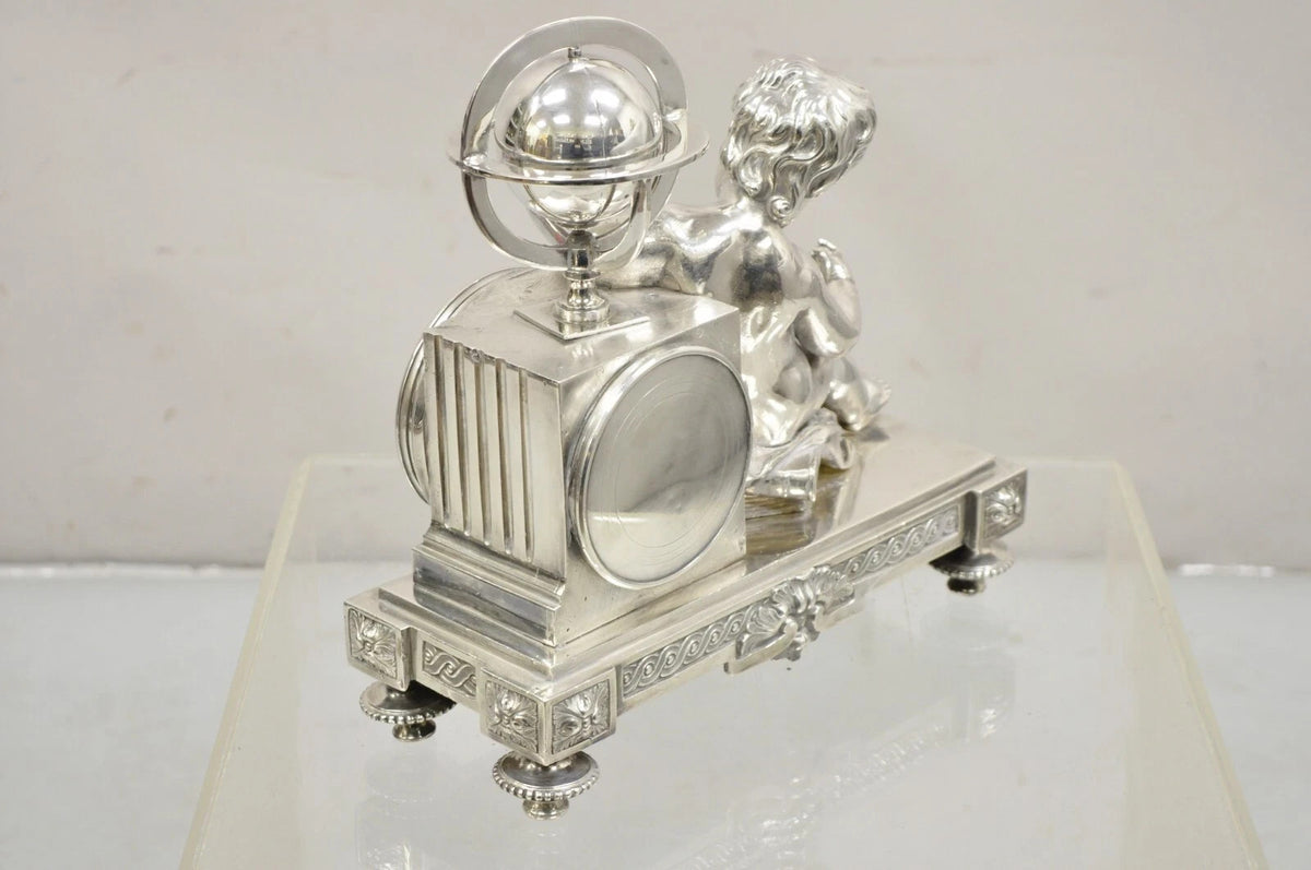 French Louis XV M Franjus Raison & Boyer Silver Plated Bronze Putto Mantel Clock