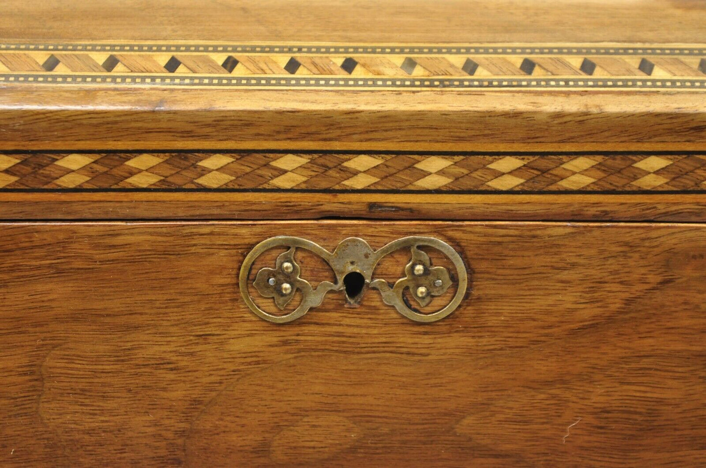 Antique English Marquetry Inlaid Wood Large Tea Caddy Lined in Metal Desk Box