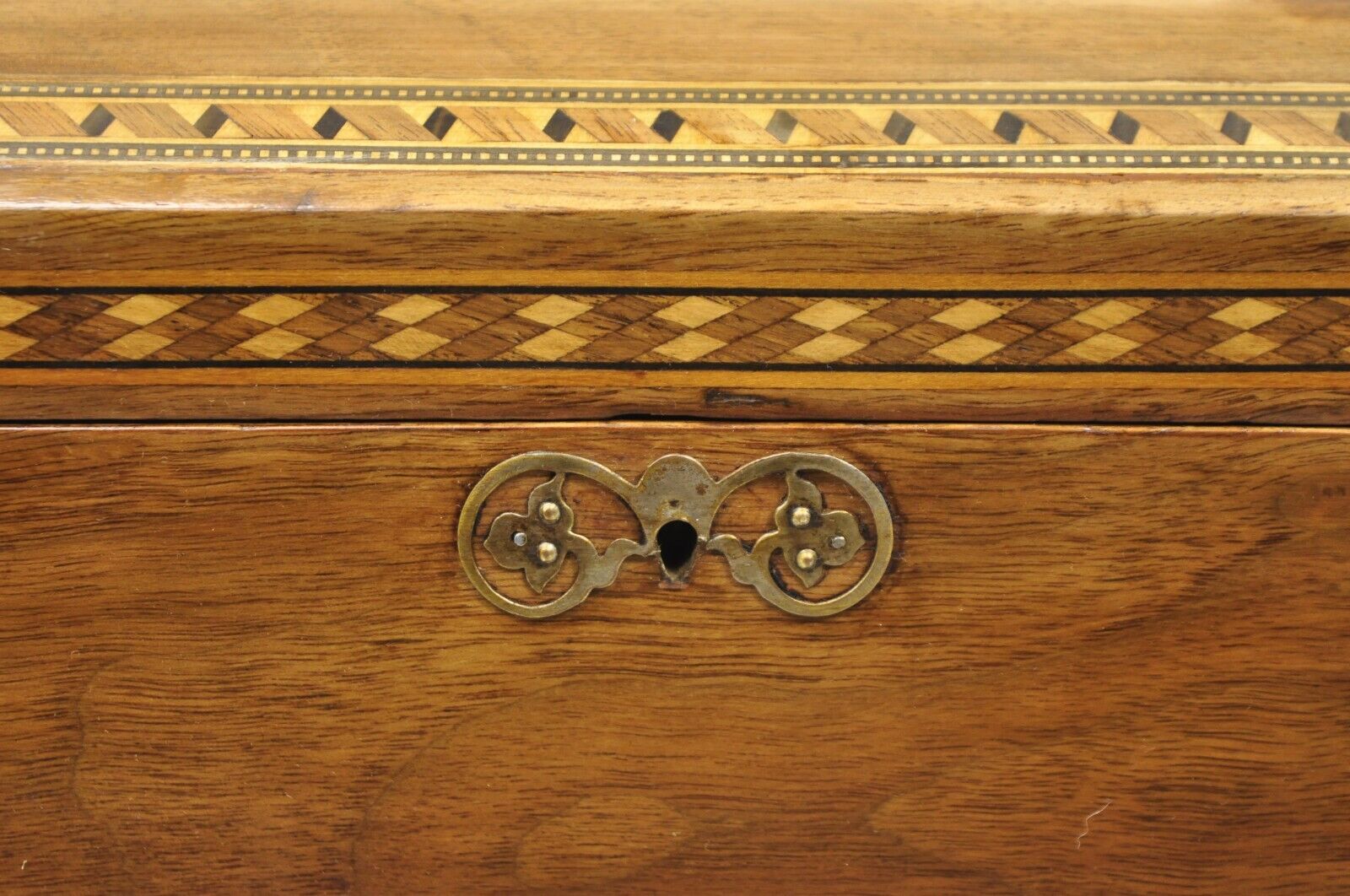 Antique English Marquetry Inlaid Wood Large Tea Caddy Lined in Metal Desk Box