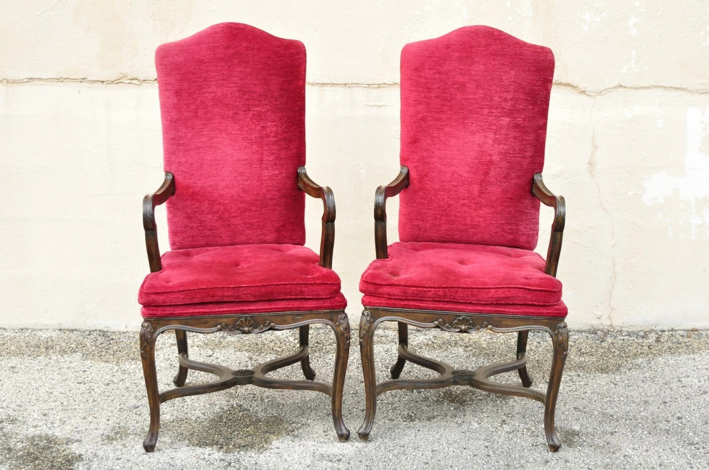 Vintage Italian Regency Style Carved Walnut Red Fabric Dining Chairs - Set of 6