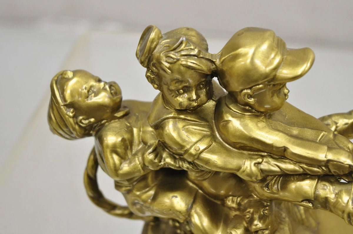 Vintage PM Craftsman "Tug of War" Brass Children Playing Figural Bookends - Pair