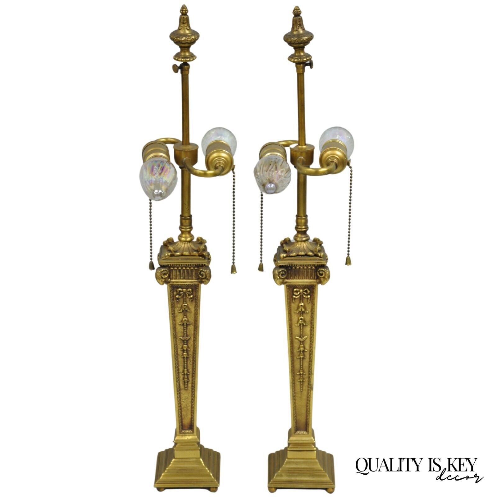 Antique French Empire Regency Rams Head Small Bronze Column Table Lamps - a Pair
