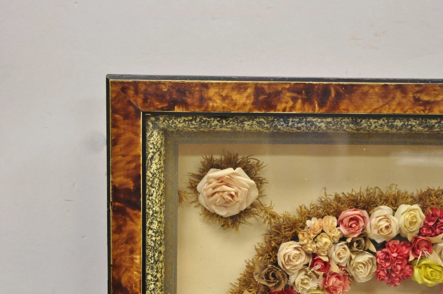 Antique Victorian Paper Mache Flower Mourning Wreath Shadow Box Frame Oddity