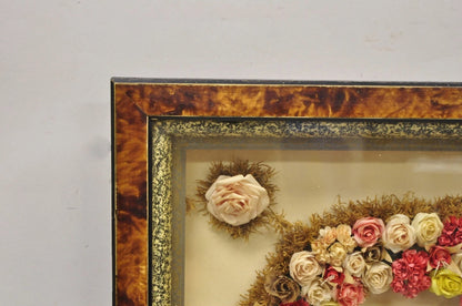 Antique Victorian Paper Mache Flower Mourning Wreath Shadow Box Frame Oddity