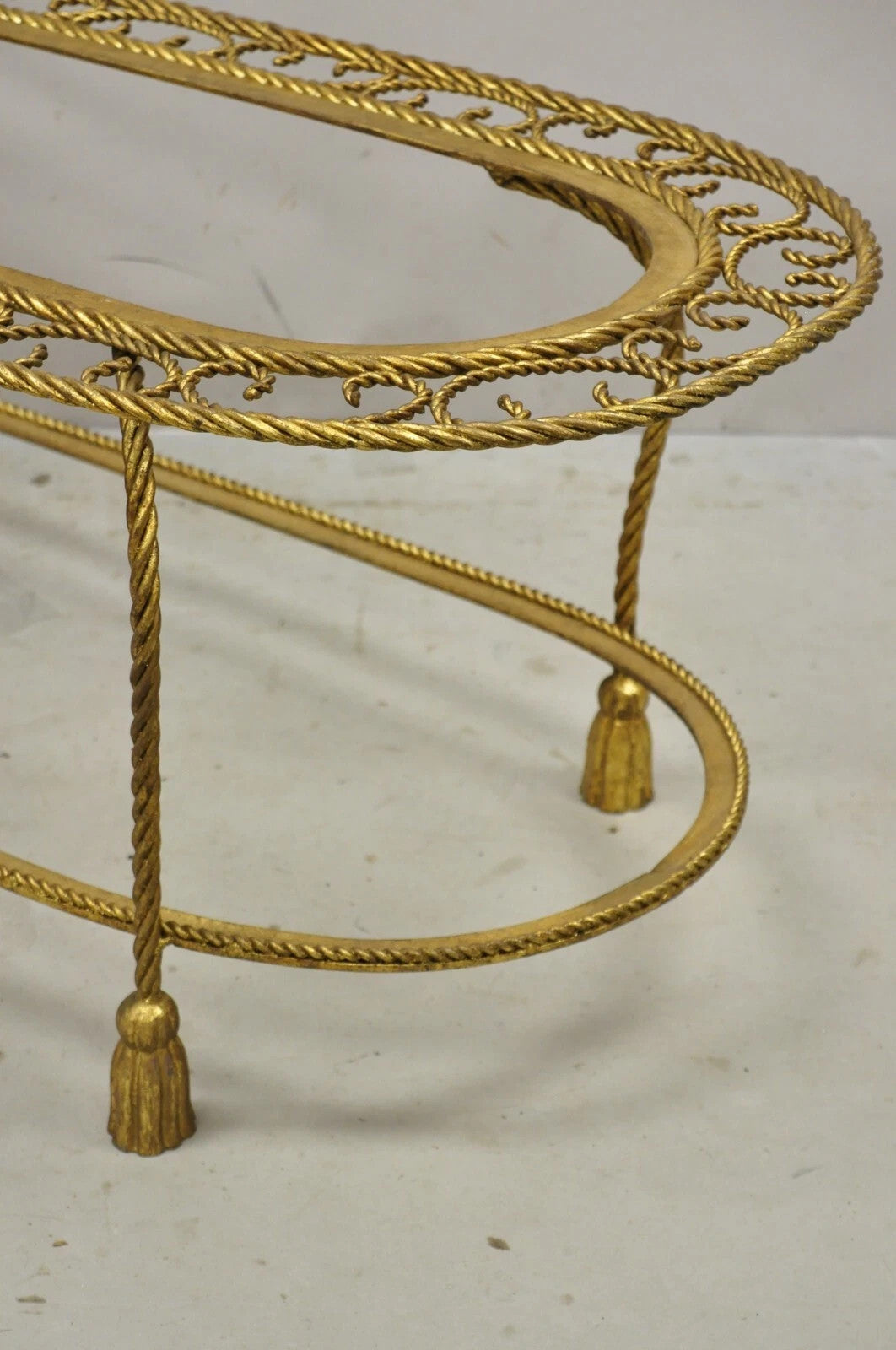 Italian Hollywood Regency Gold Gilt Iron Oval 2 Tier Rope Tassel Coffee Table