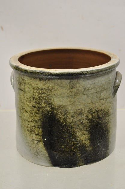 Antique Stoneware Salt Glazed 9" Round Pottery Crock Pot with Blue Flower