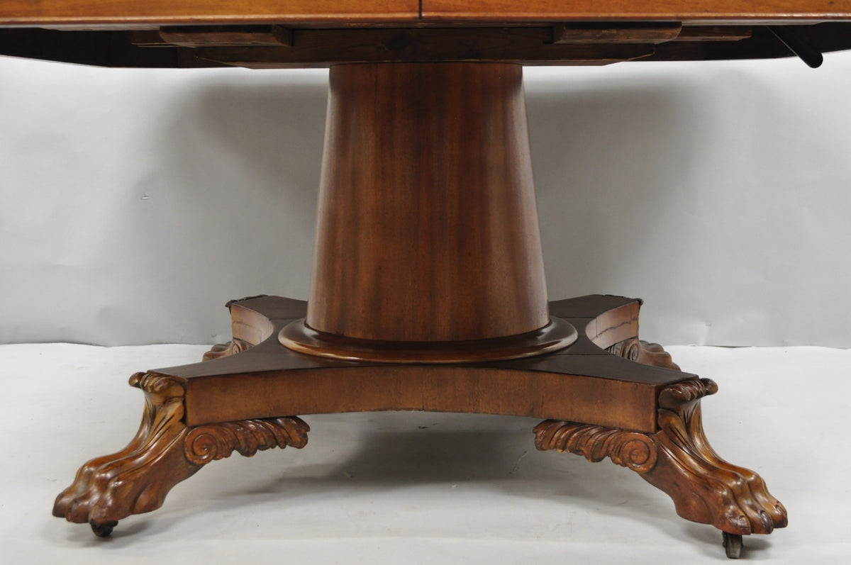 Antique American Empire 54" Square Mahogany Paw Foot Pedestal Base Dining Table