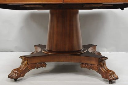 Antique American Empire 54" Square Mahogany Paw Foot Pedestal Base Dining Table