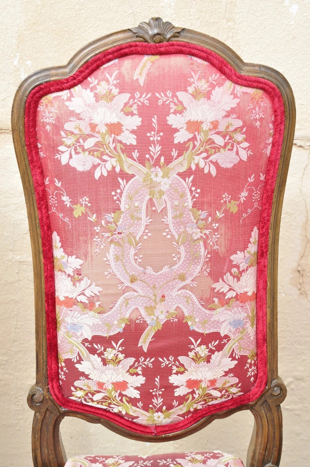 Vintage Italian Regency Style Carved Walnut Red Fabric Dining Chairs - Set of 6