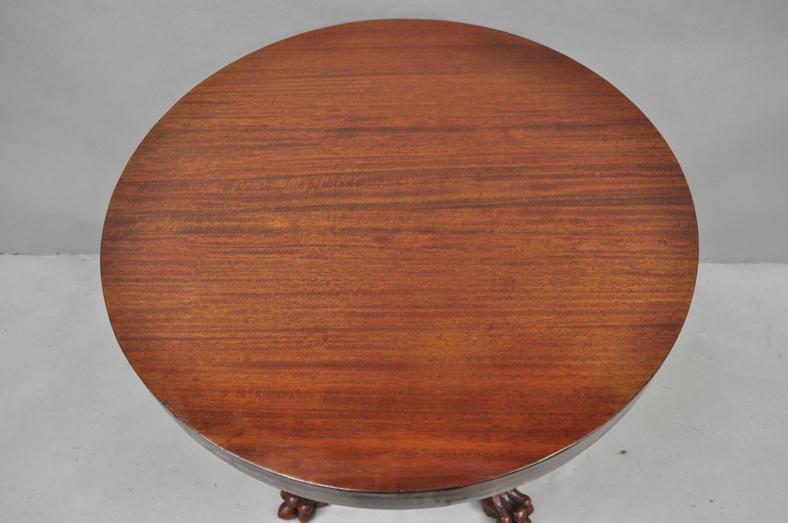 Antique American Empire Round Mahogany Carved Paw Foot Pedestal Base Side Table