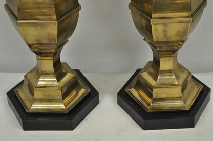 Vintage Hollywood Regency Burnished Brass Candlestick Table Lamps - a Pair