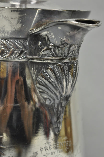 Antique Meriden Victorian Lrg Silver Plated Floral Etched Pitcher, Engraved 1892