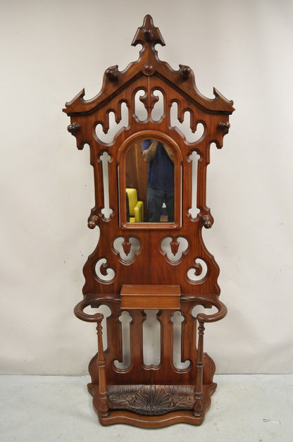 Antique Eastlake Victorian Walnut Coat Hall Tree Umbrella Stand with Mirror