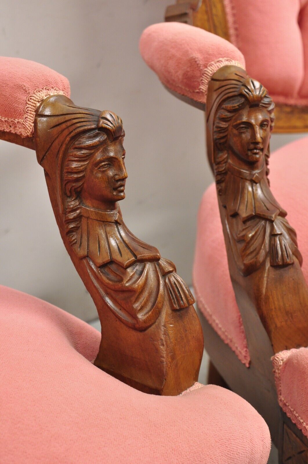 John Jelliff Victorian Renaissance Carved Walnut Figural Parlor Armchairs - Pair