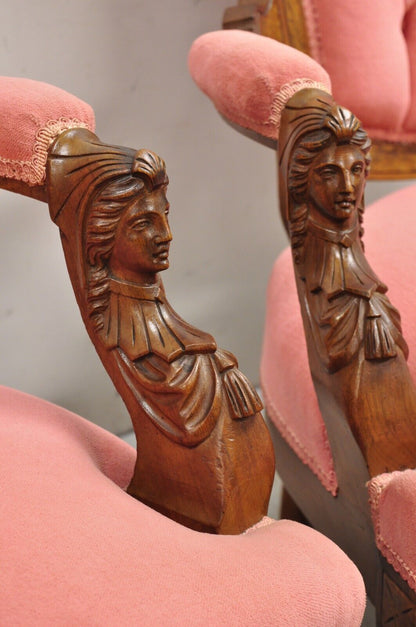 John Jelliff Victorian Renaissance Carved Walnut Figural Parlor Armchairs - Pair