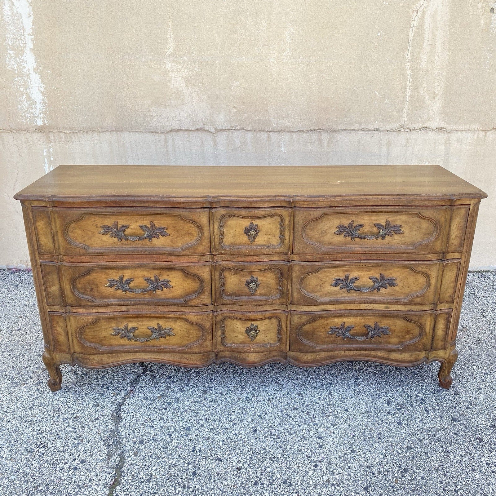 Vintage Auffray & Co French Country Provincial Walnut 9 Drawer Dresser Credenza
