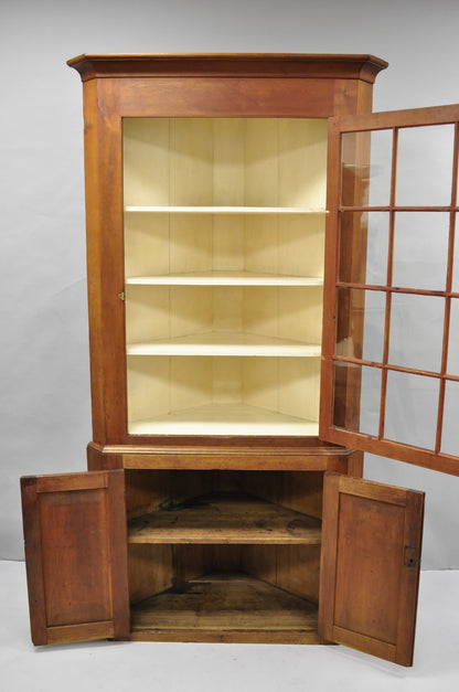 Antique Colonial Primitive Cherry Wood Glass Front Corner China Cabinet Cupboard