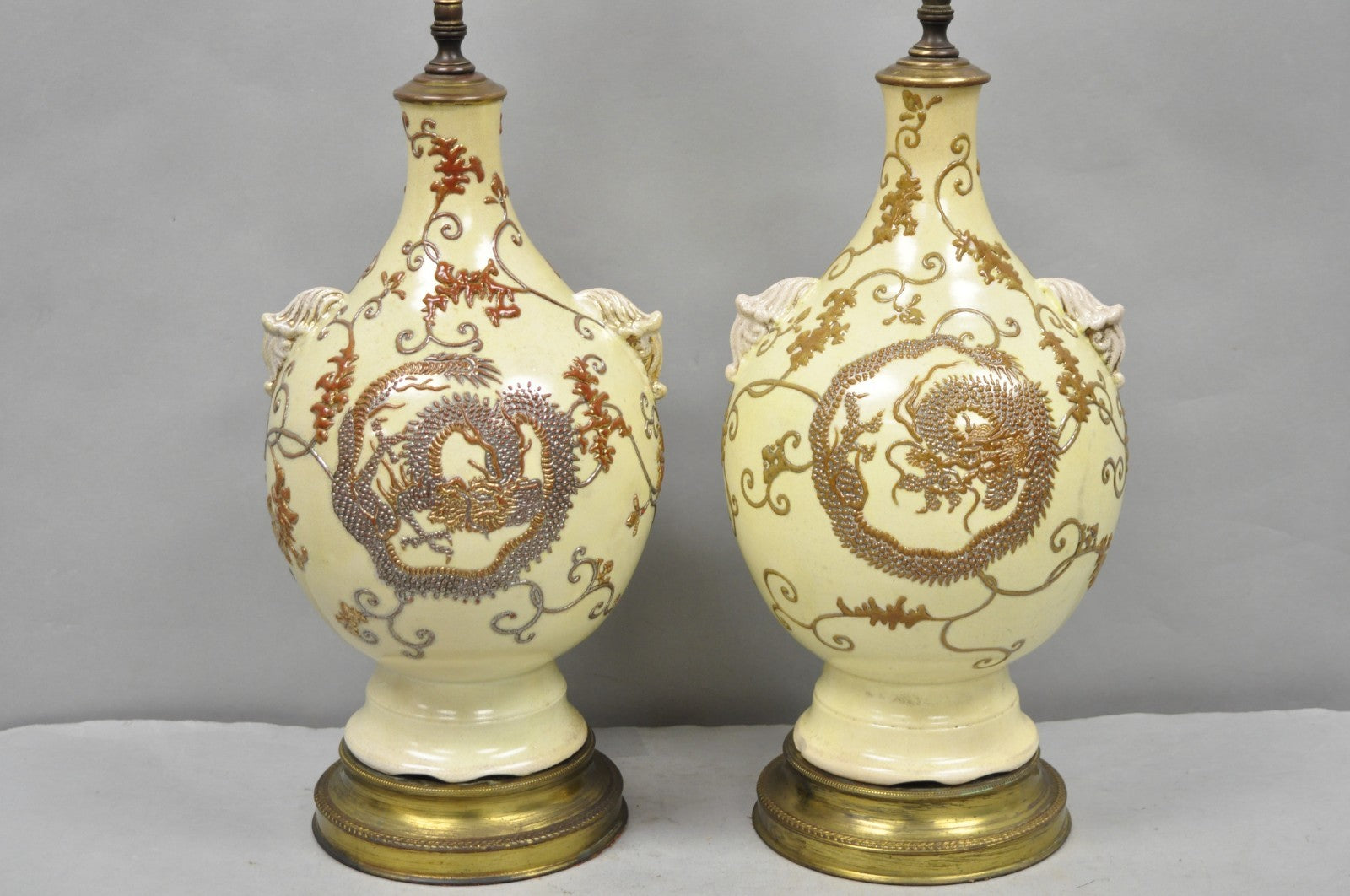 Antique Japanese Ceramic Beige Figural Dragon Vase Form Table Lamps - a Pair