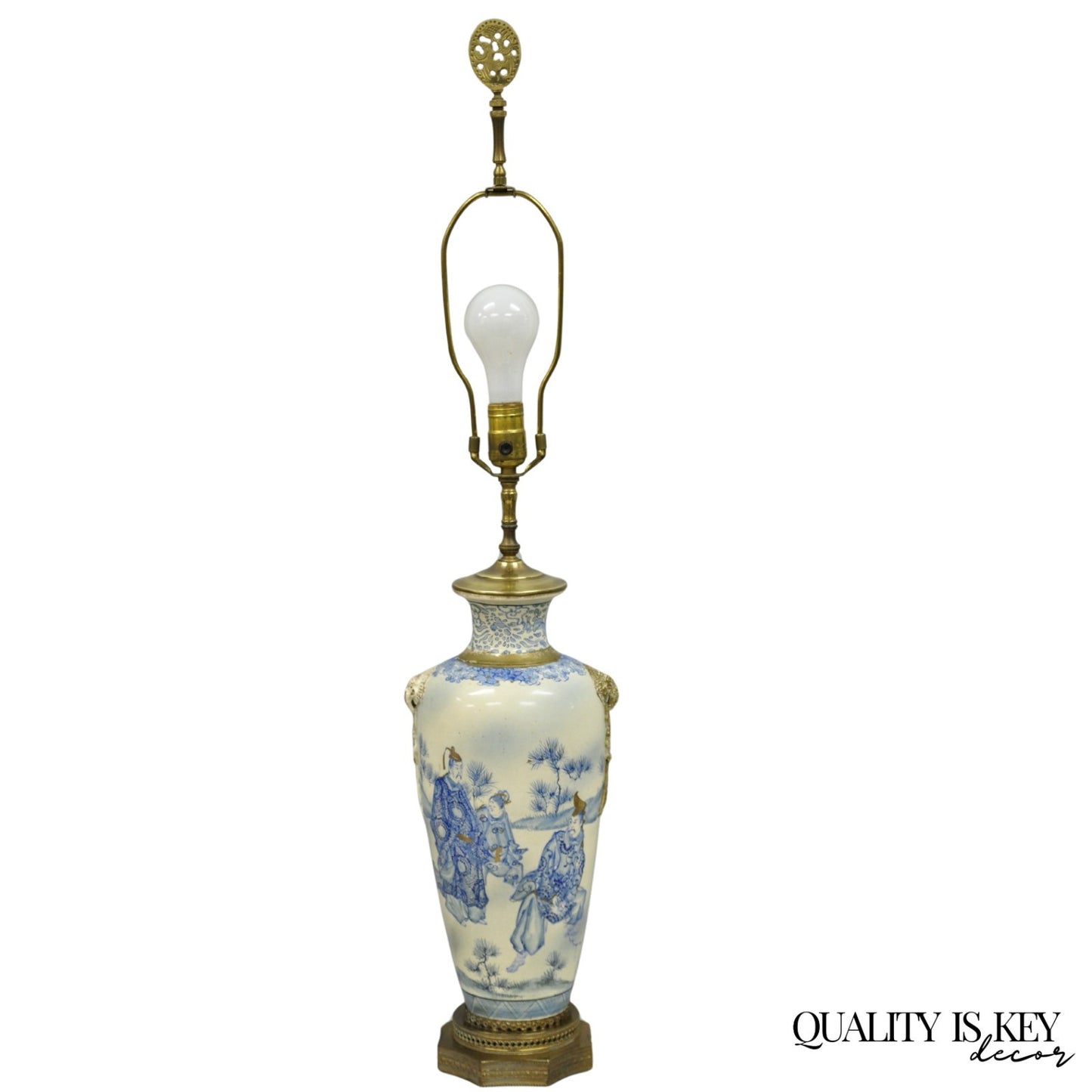 Vintage Japanese Blue White Porcelain Jardinierie Vase Chinoiserie Table Lamp