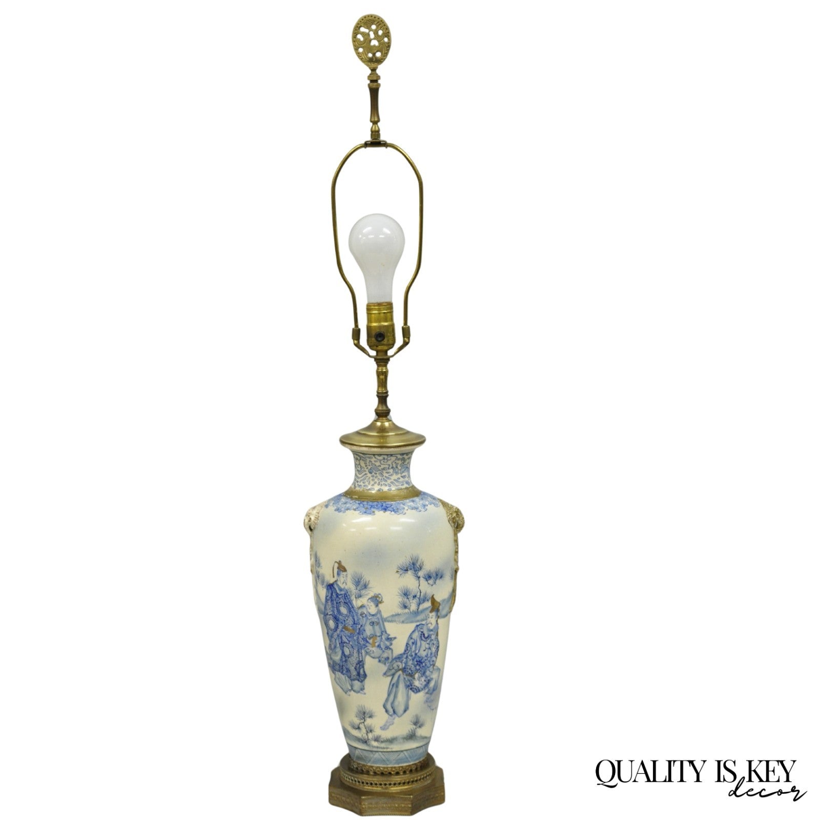 Vintage Japanese Blue White Porcelain Jardinierie Vase Chinoiserie Table Lamp