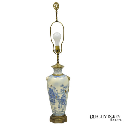 Vintage Japanese Blue White Porcelain Jardinierie Vase Chinoiserie Table Lamp