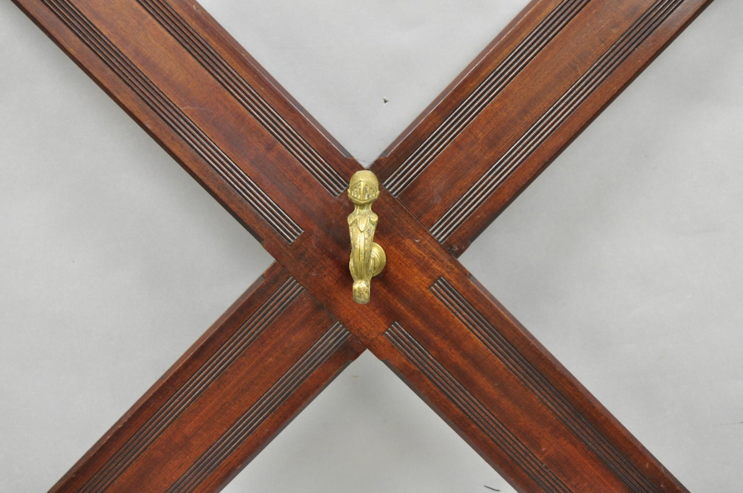 Antique Victorian Mahogany X-Form Wall Coat Rack w/ Brass Knight's Helmet Hooks