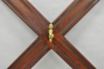 Antique Victorian Mahogany X-Form Wall Coat Rack w/ Brass Knight's Helmet Hooks