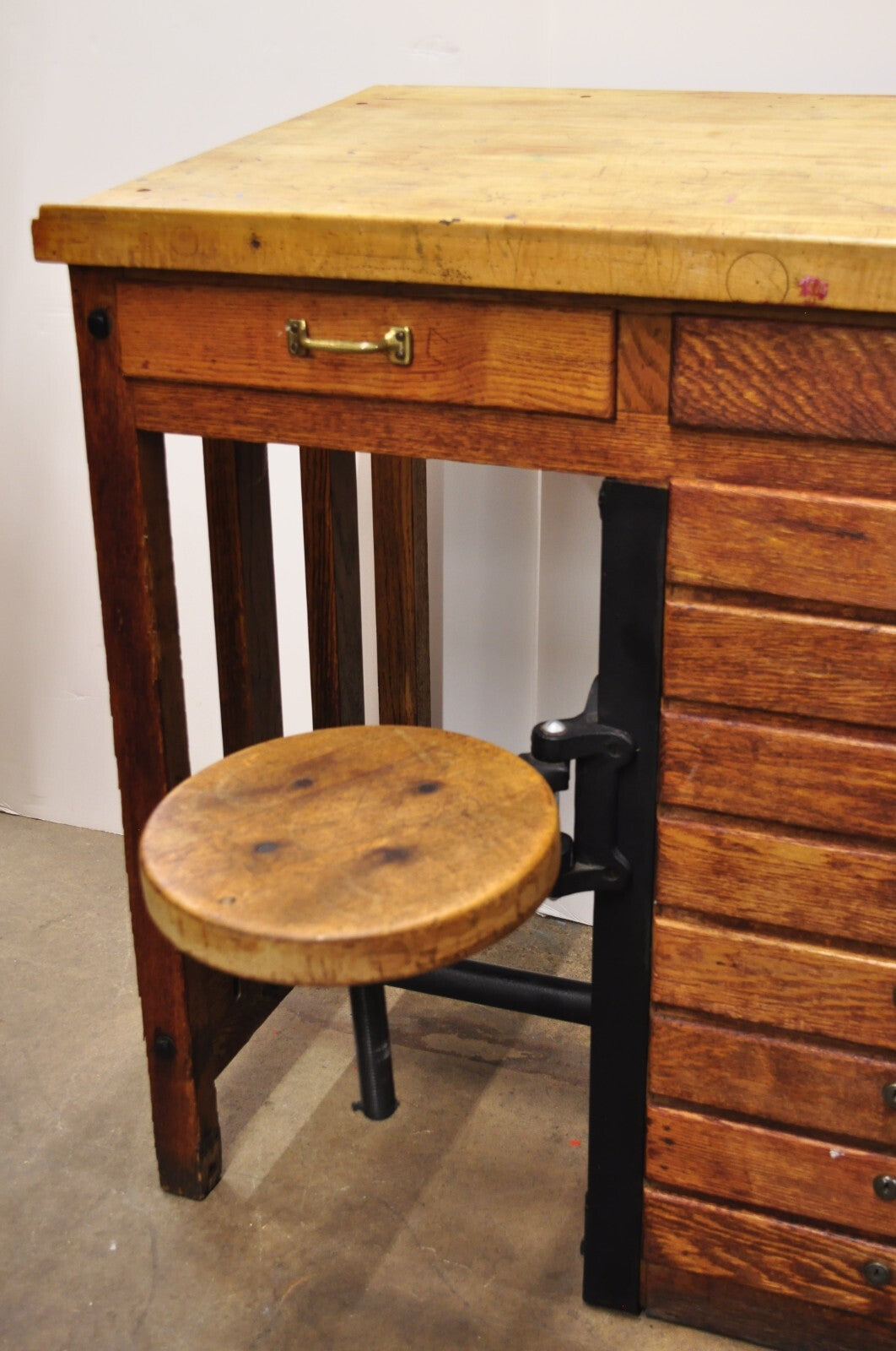 Antique Arts & Crafts Oak Jewelers Workbench Desk Drafting Table w/ Swivel Stool