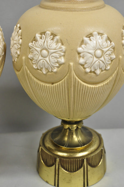 Vintage Hollywood Regency Beige Bulbous Ceramic Snowflake Table Lamps - a Pair