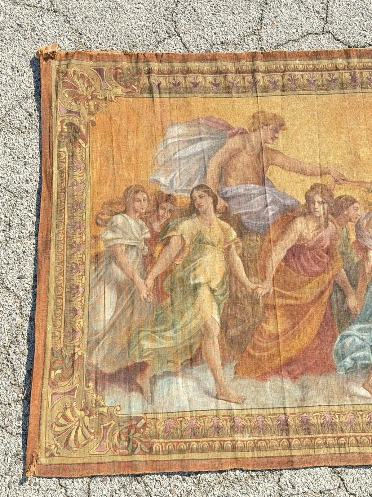 19th C. French Toile Peinte Hand Painted 112" Tapestry after Reni "The Aurora"