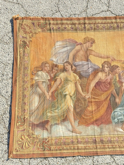 19th C. French Toile Peinte Hand Painted 112" Tapestry after Reni "The Aurora"