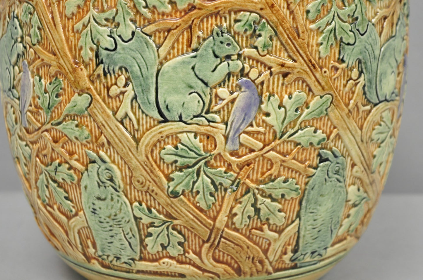 Weller Clinton Art Pottery Green Glazed Squirrel & Acorn Planter Jardinière