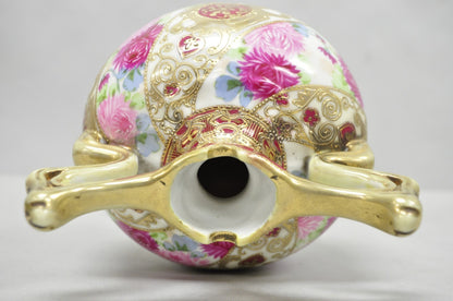 Antique Nippon Moriage Porcelain Twin Handle Ball Vase w/ Hand Painted Roses