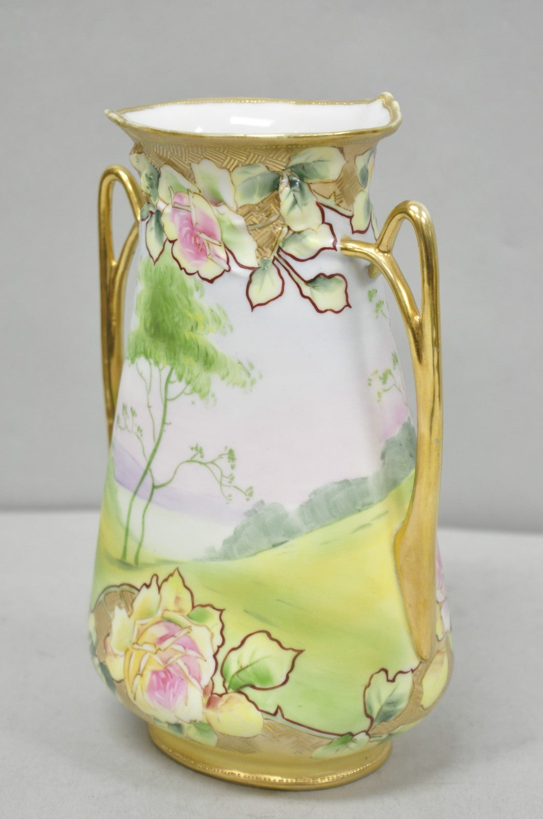 Antique Nippon Hand Painted Porcelain Twin Handle Vase w /Flowers & Lake Scene
