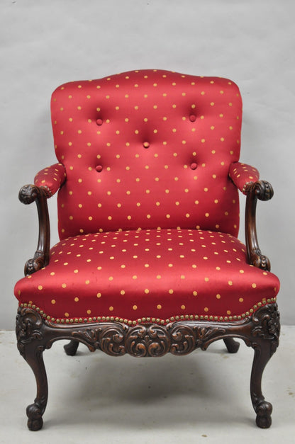 Antique English Georgian Style Carved Mahogany Red Library Lounge Arm Chair