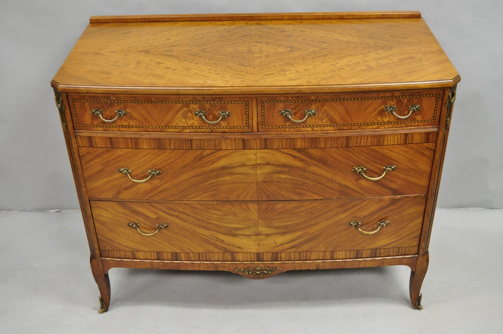 Antique French Louis XV Style Mahogany Satinwood Inlay 4 Drawer Dresser by Sligh