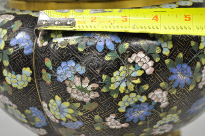 Antique Chinese Black Cloisonne Enamel Butterfly & Flower Bronze Cachepot Vase