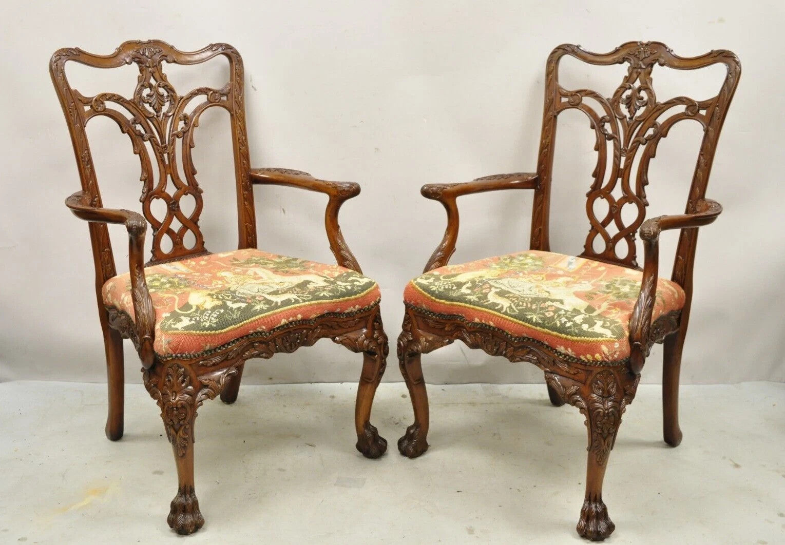 Maitland Smith Georgian Carved Mahogany Needlepoint Dining Arm Chairs - a Pair