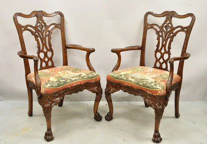 Maitland Smith Georgian Carved Mahogany Needlepoint Dining Arm Chairs - a Pair