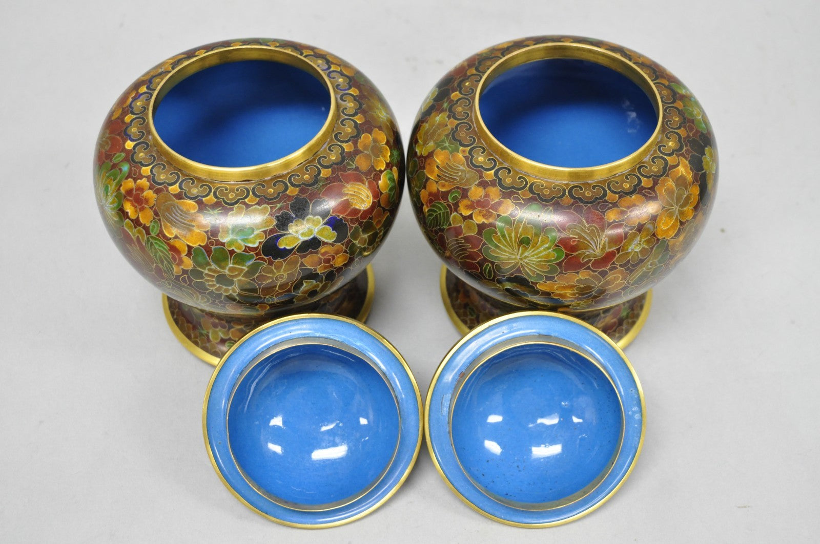 Vintage Cloisonné Chinese Small Enameled Brown Covered Ginger Jar on Stand, Pair