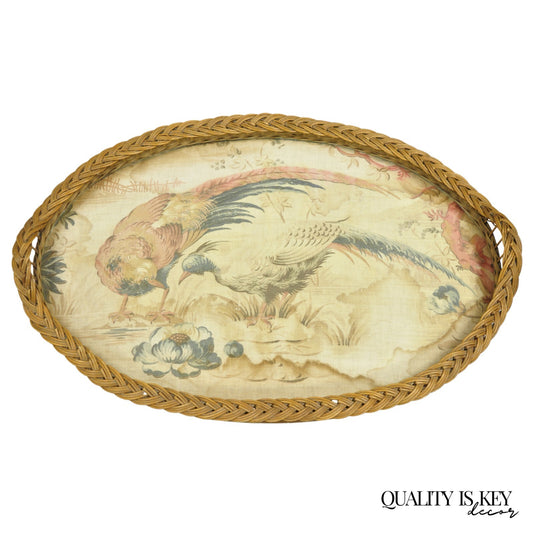 Antique French Victorian Wicker Pheasant Bird Tapestry Oval Bar Serving Tray