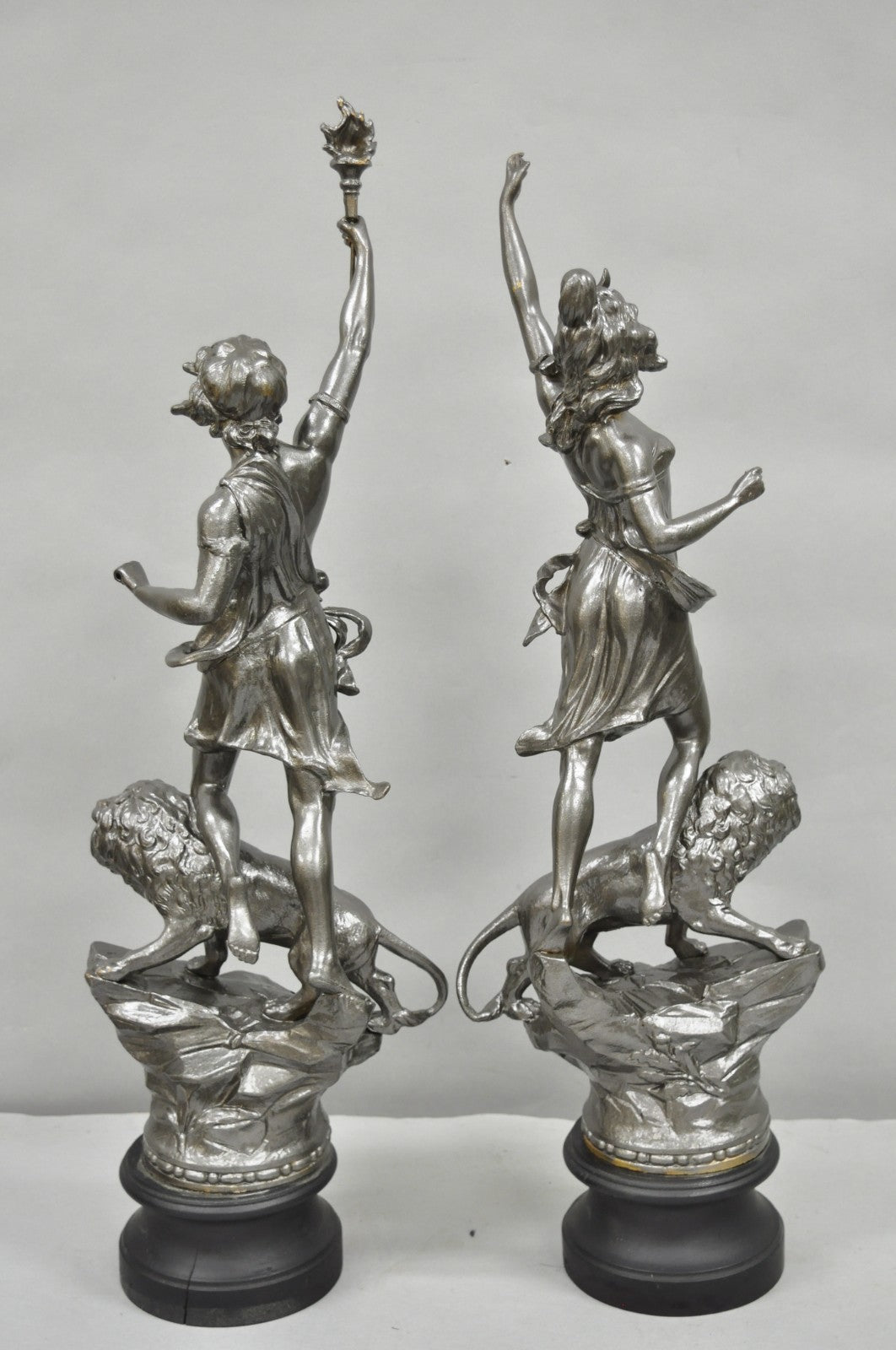 Antique French Renaissance "Le Force & Le Pouvoir" Spelter Metal Sculpture Pair