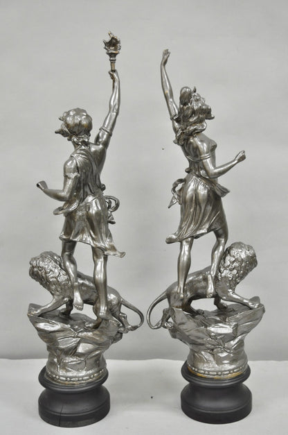 Antique French Renaissance "Le Force & Le Pouvoir" Spelter Metal Sculpture Pair