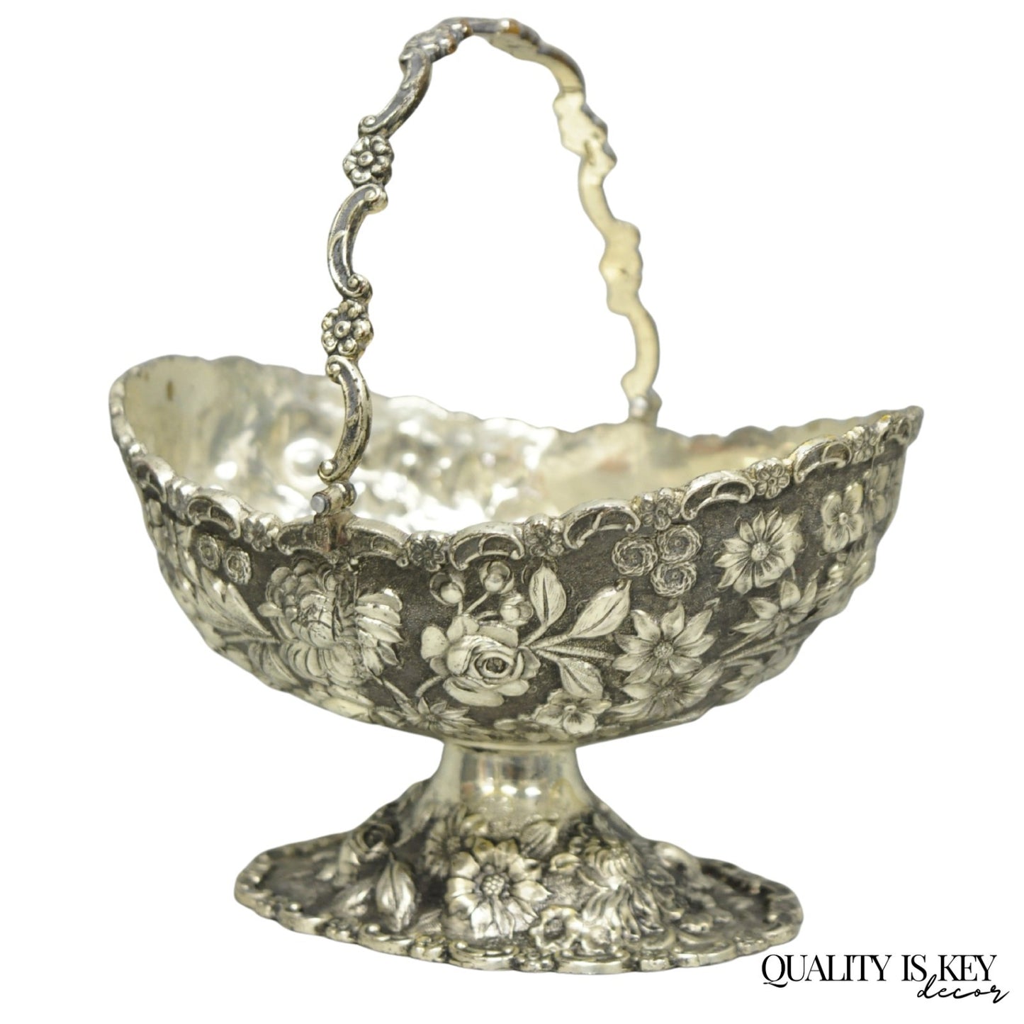 Antique Victorian Japanese Silver Plated Rose Flower Repousse Nut Bowl Dish