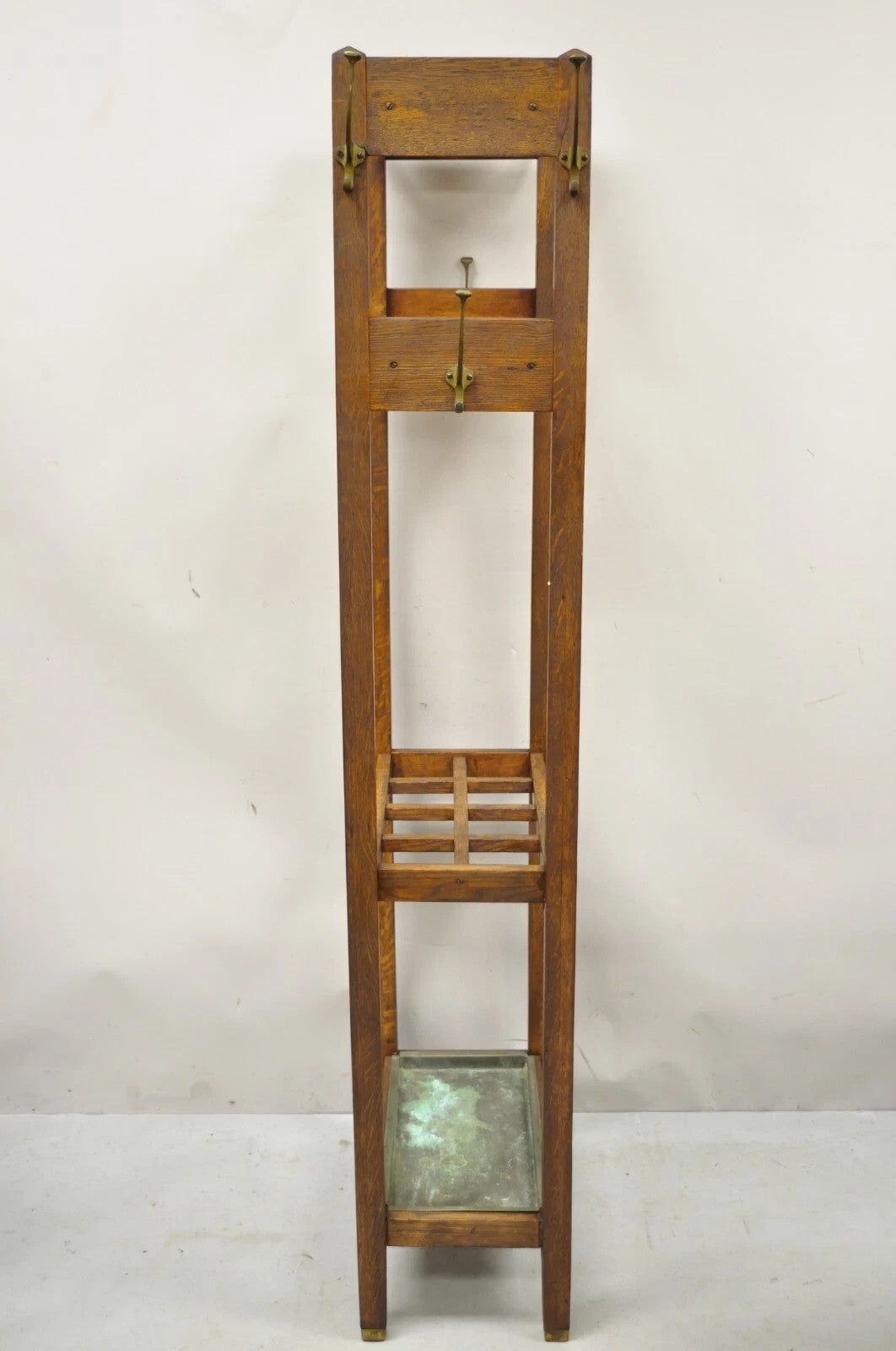 Antique Mission Arts & Crafts Oak Wood Coat Hook Hall Tree Umbrella Stand