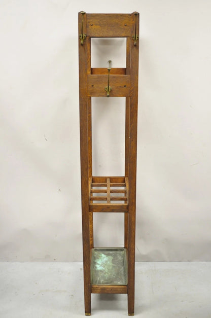 Antique Mission Arts & Crafts Oak Wood Coat Hook Hall Tree Umbrella Stand